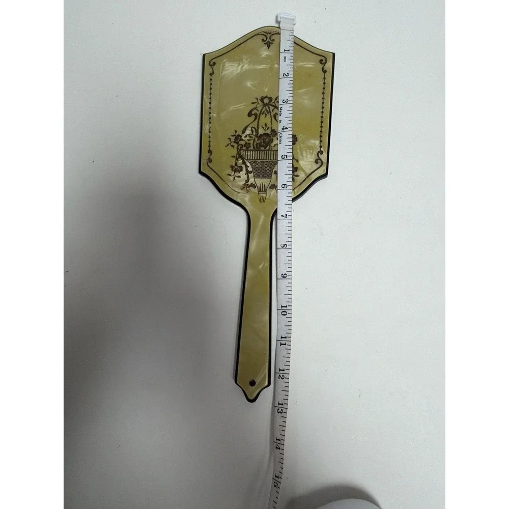 Vintage 1920s Art Deco Yellow‎ Celluloid Hand Mirror with Floral Basket Design